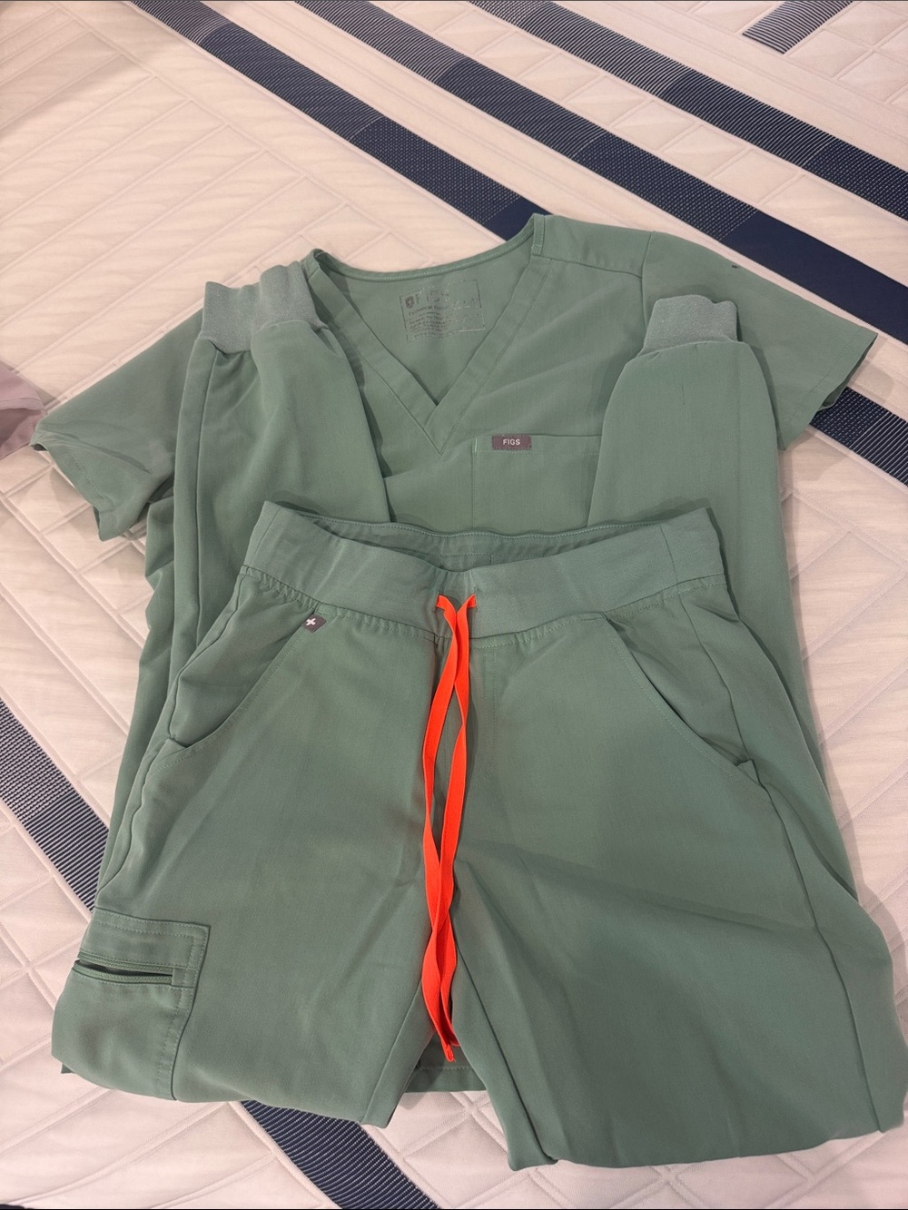 Figs Sage Green Scrub Set with Bright Orange Drawstrings